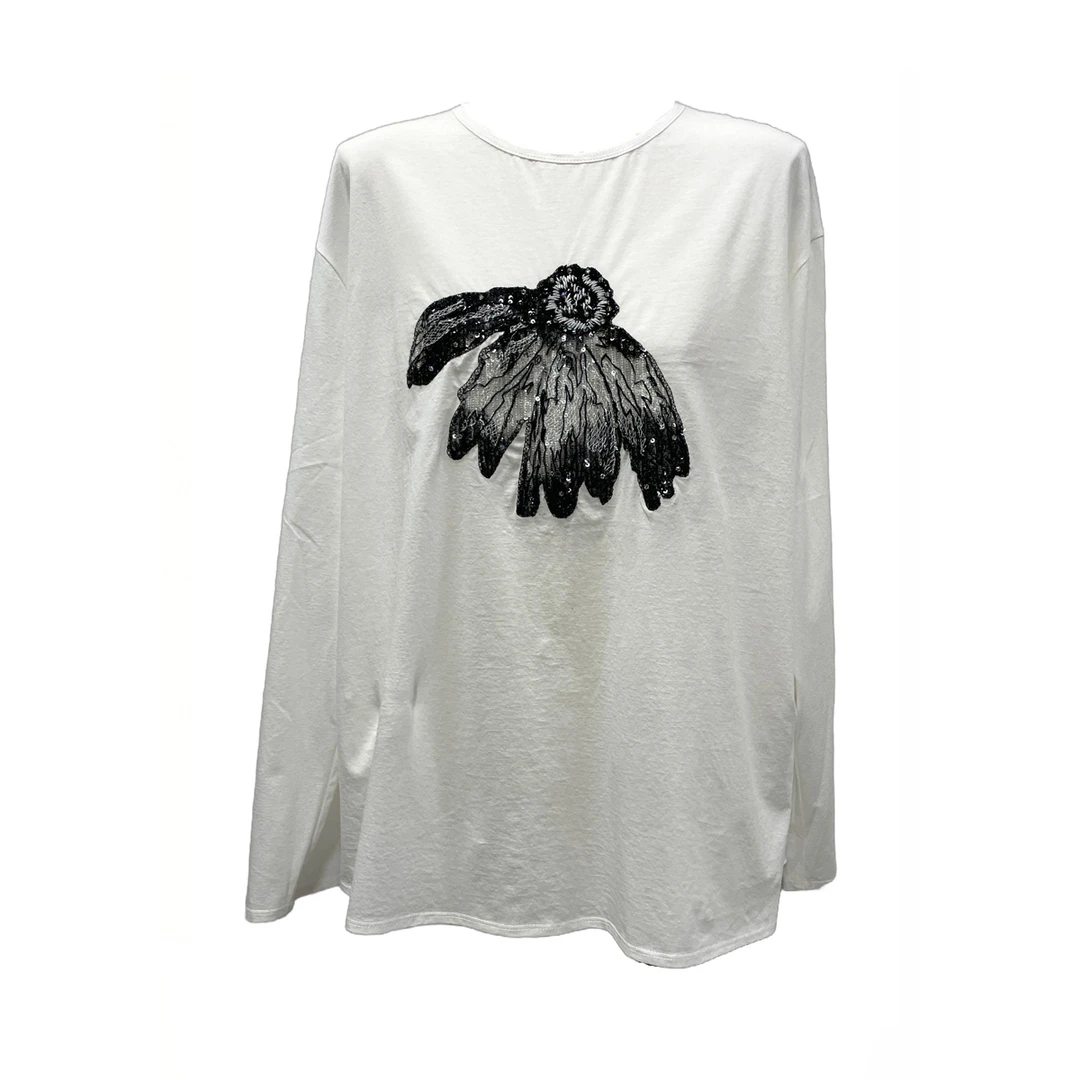 【乌兰托娅专属】西蔻知性休闲印染珠片贴布绣长袖纯棉T恤64515306