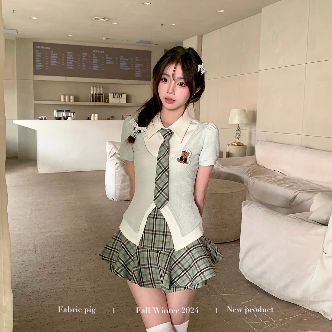 薄荷汽水 织物猪原创 夏款少女薄荷曼波显瘦假两件上衣格纹短裙