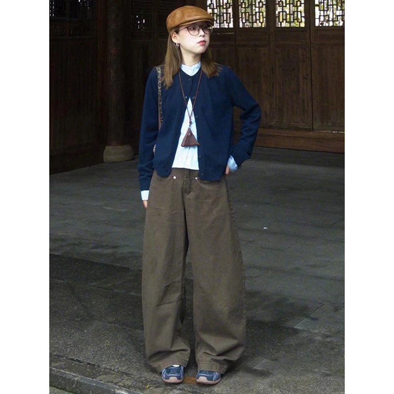 美式复古廓形弯刀工装牛仔裤女秋季宽松阔腿显瘦休闲直筒拖地裤子