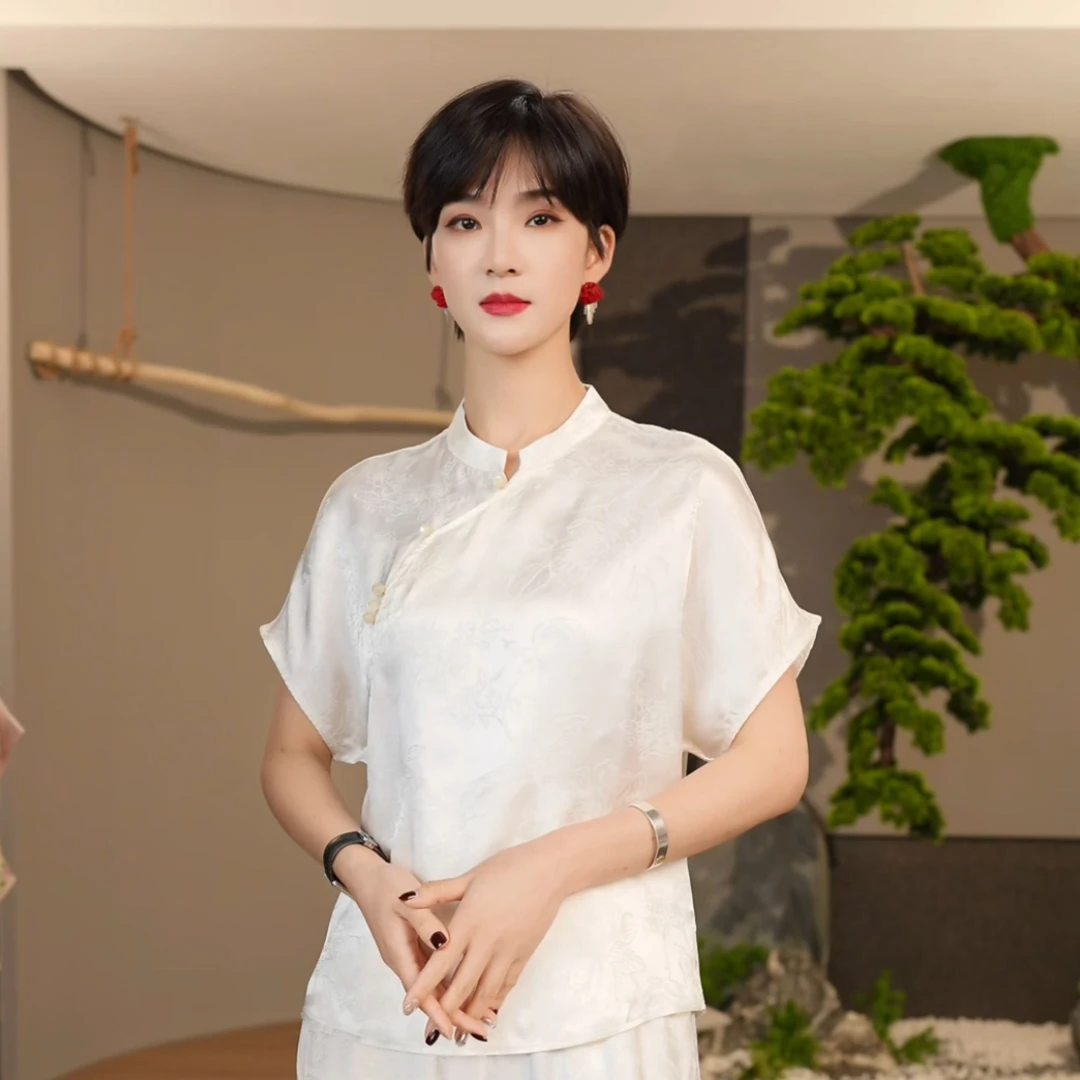 【白芨】新款上衣小衫新中式女装国风立领提花人丝衬衫