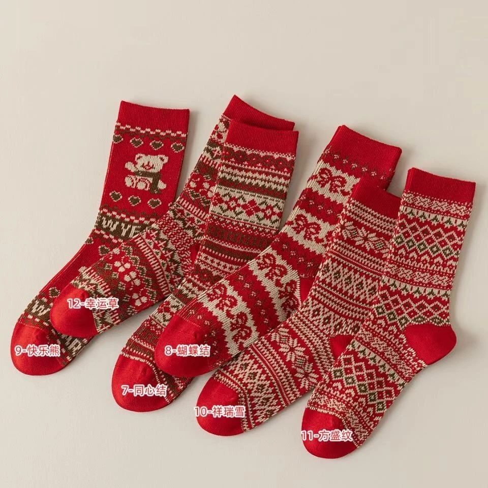 袜子女士复古潮袜加厚中筒双针双路民族风纯棉长筒棉袜马丁靴长袜