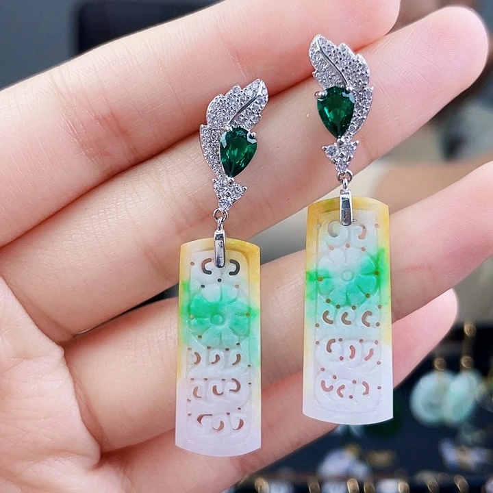 翡翠耳饰银S925镶嵌饰品