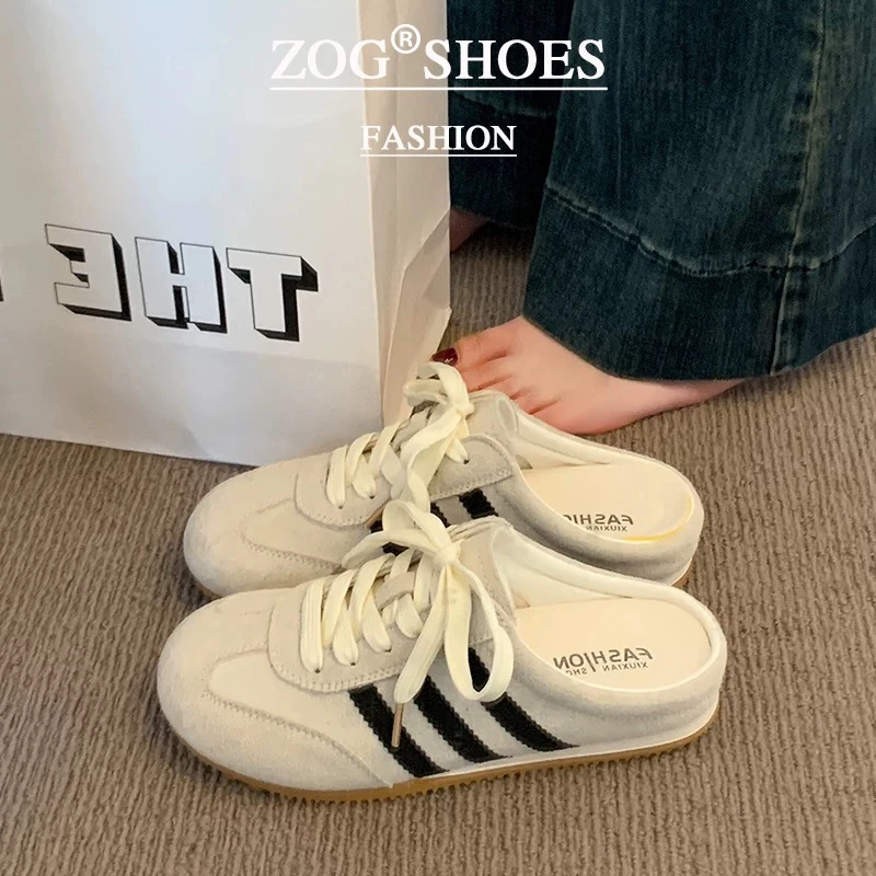 三福真皮包头半拖鞋女夏季外穿2025新款平底德训鞋懒人一脚蹬凉拖