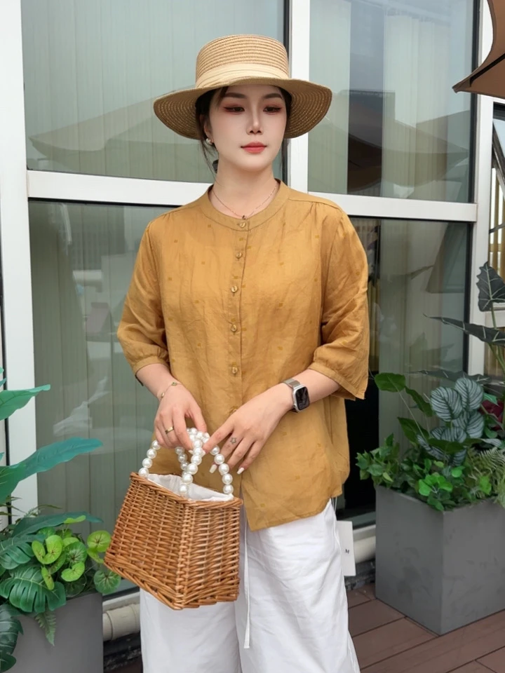【心依阁铭品】8635复古钩花拼接苎麻衬衫女重工刺绣气质夏季上衣