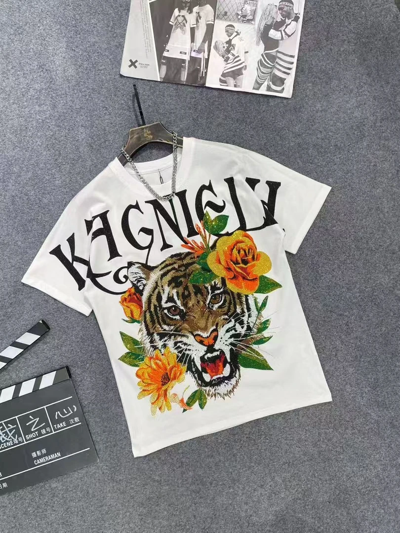 12086虎头彩钻T恤潮牌重工中国风潮流圆领网红时尚情侣百搭短袖