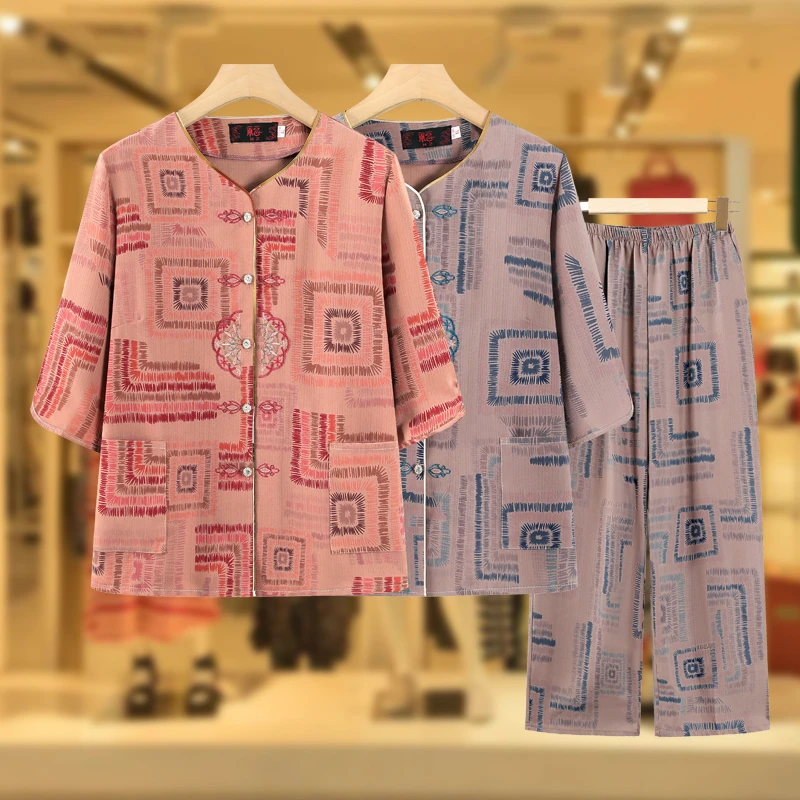 中老年女妈妈装夏装短袖套装新款60岁70奶奶装夏季洋气两件套