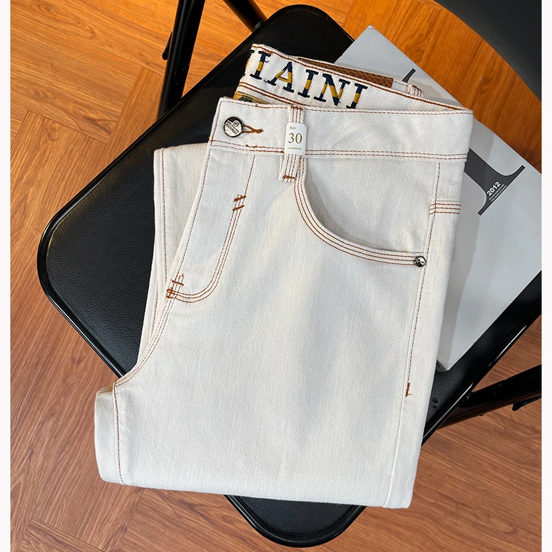 高级感轻奢香槟白九分牛仔裤男夏季薄款百搭休闲弹力修身小脚长裤