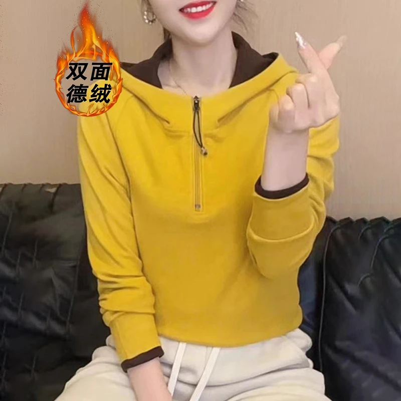 韩系冬新款德绒拼色T恤女时尚连帽半拉链叠穿上衣百搭黄色打底衫
