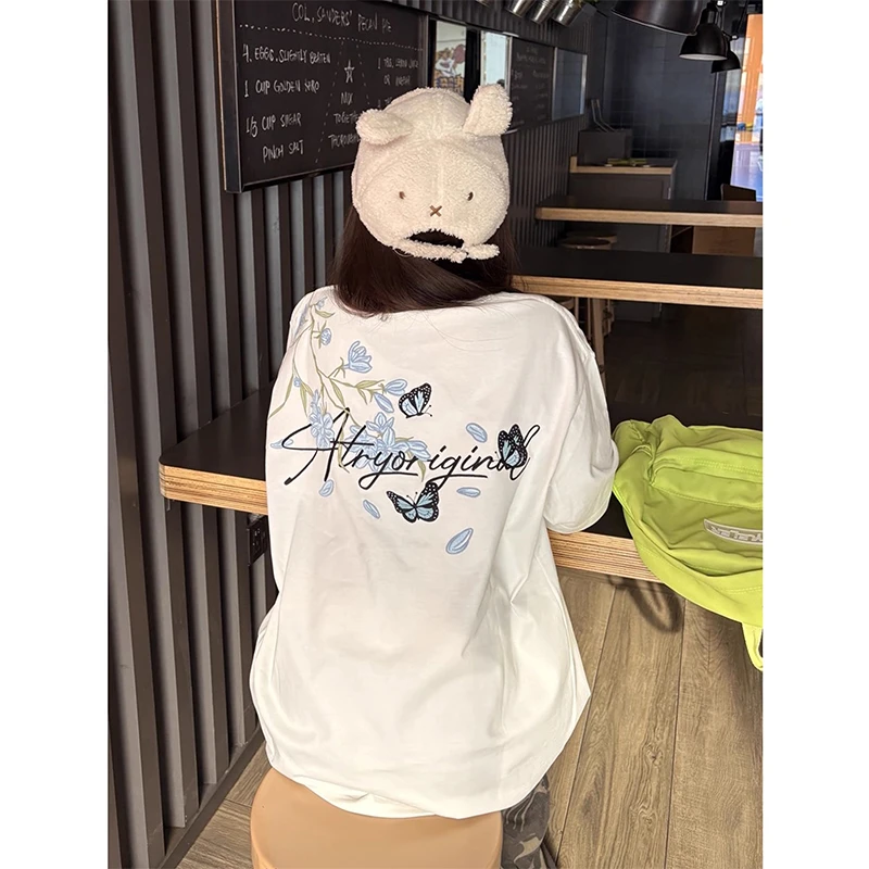 美式国潮蝴蝶花卉刺绣短袖t恤男女夏季纯棉宽松小众情侣款上衣服