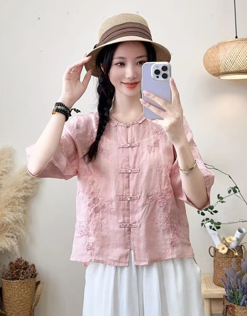 《下江南》重工刺绣盘扣宽松显瘦苎麻上衣