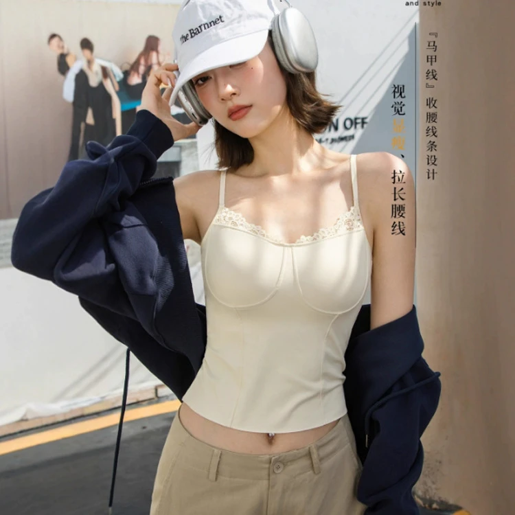 6104简约通勤风蕾丝小V领马甲线吊带一体式3D内杯显瘦收腰线背心