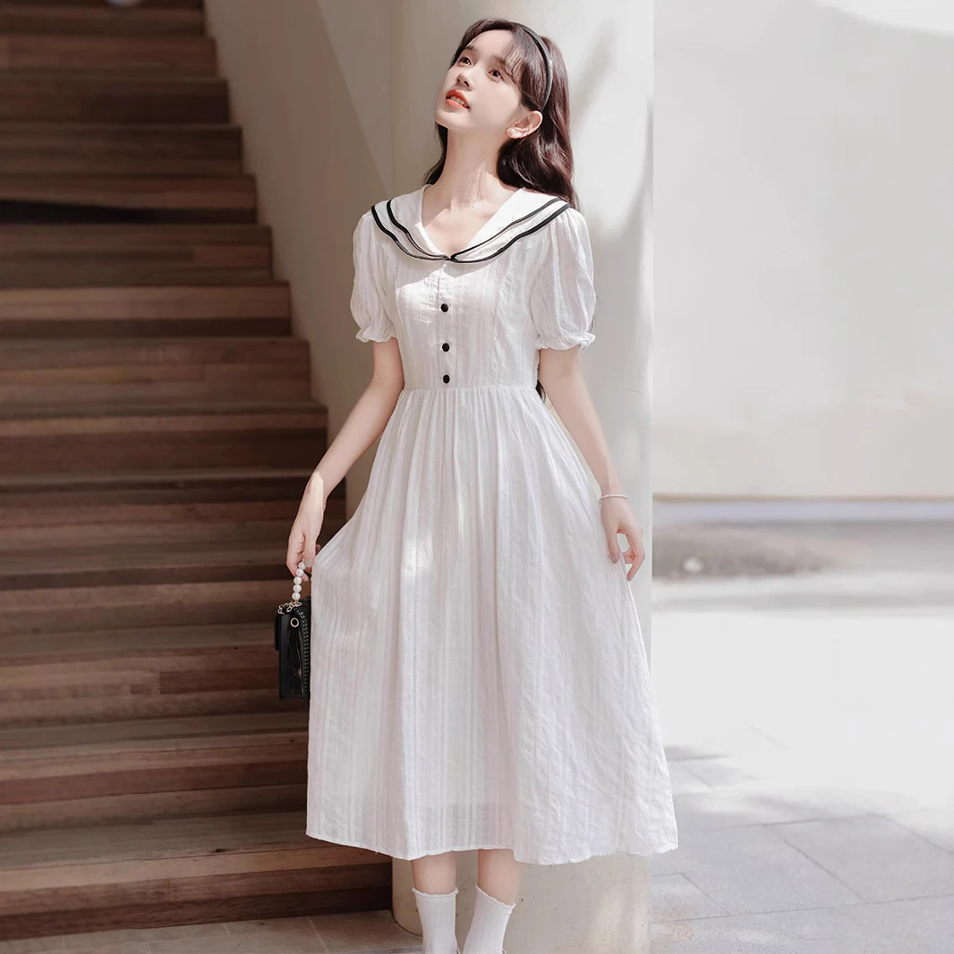 提花工艺海军风连衣裙女夏款初高中学生成人礼服气质显瘦减龄长裙