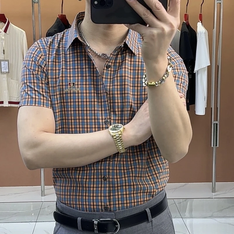 男士格子冰凉短袖薄款帅气韩版商务百搭修身短袖衬衫衬衣时尚休闲