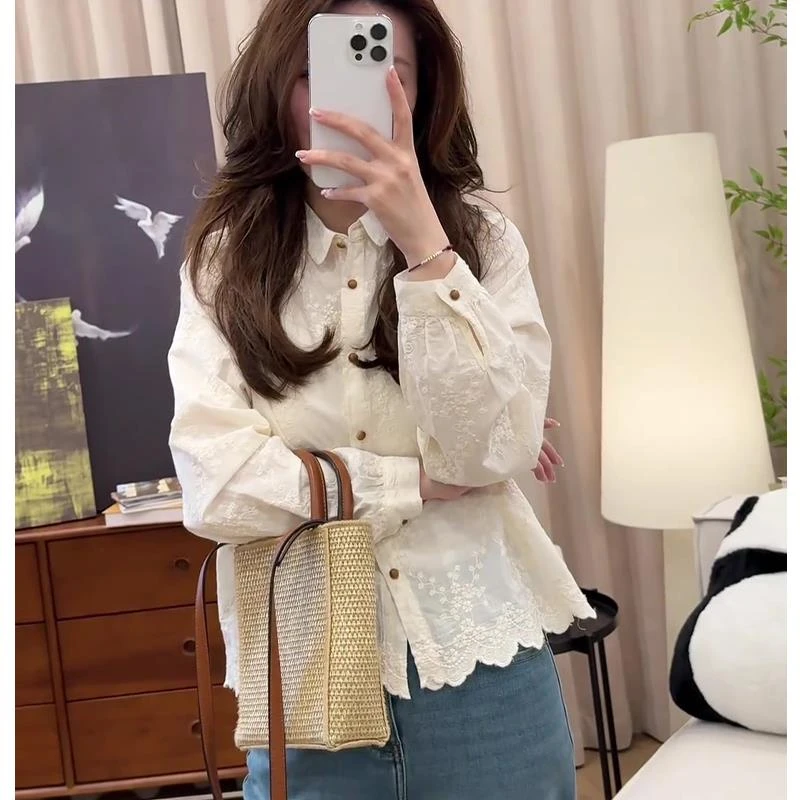 高级感提花刺绣长袖衬衫女士2025秋季新款韩版时尚宽松打底衫上衣