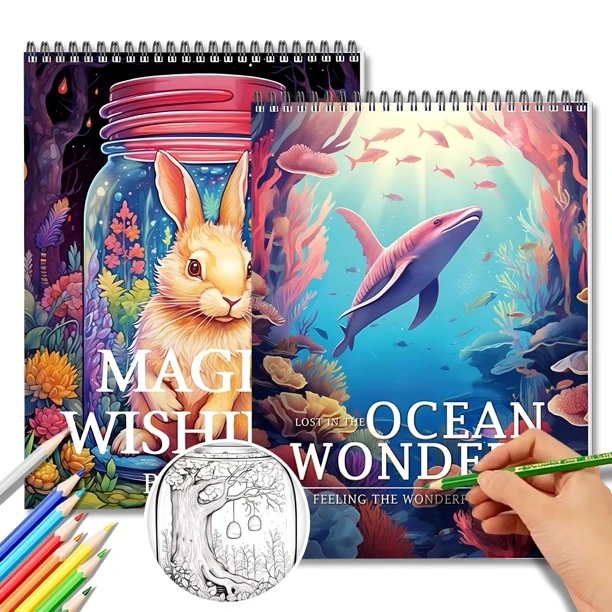 魔法罐子涂色本画画，海洋世界涂色书，成人解压填色本，涂鸦绘画本