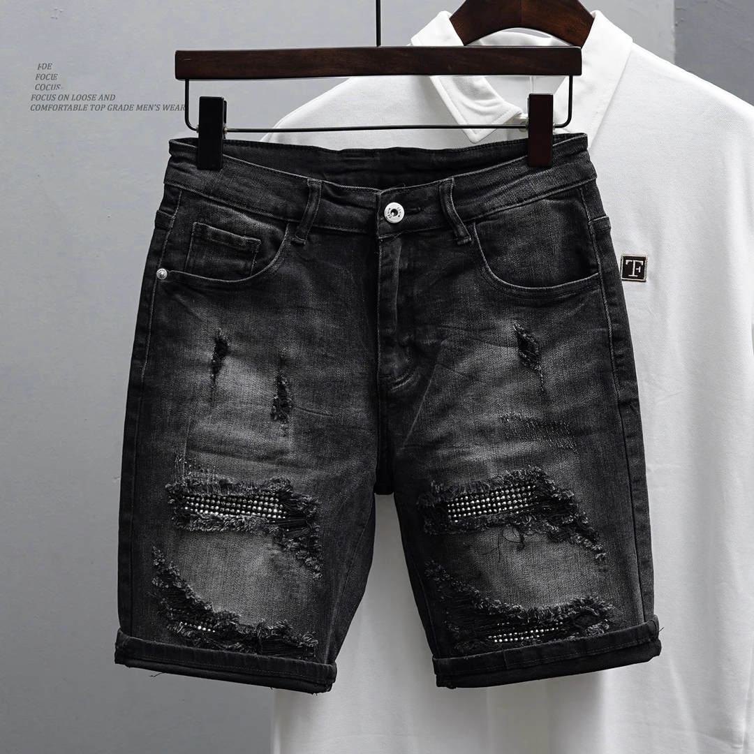 牛仔短裤男夏季个性烫钻修身小直筒猫须破洞痞帅弹力百搭五分裤子