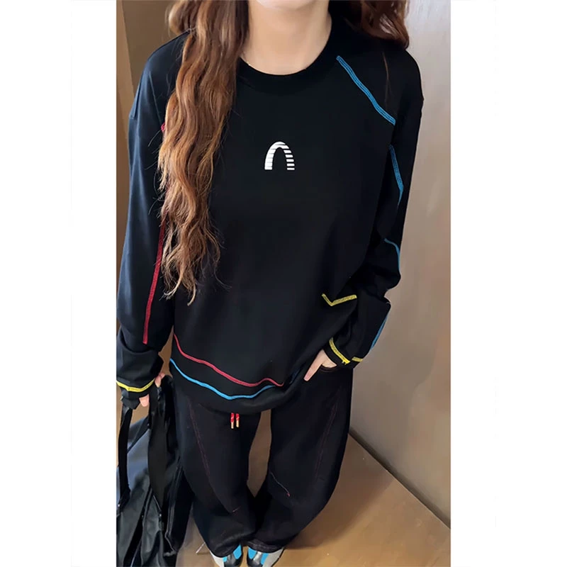 黑色哈苏线撞色拼接T恤男女款早秋cleanfit运动长袖内搭打底上衣