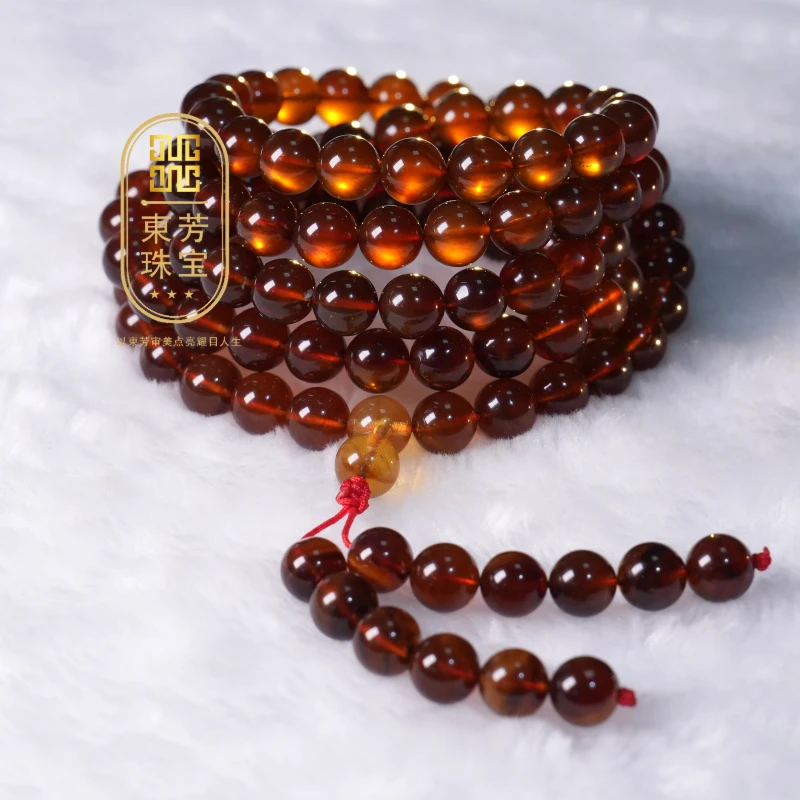 東芳珠宝-9mm缅甸天然灵草珀紫罗兰108珠琥珀长链多层