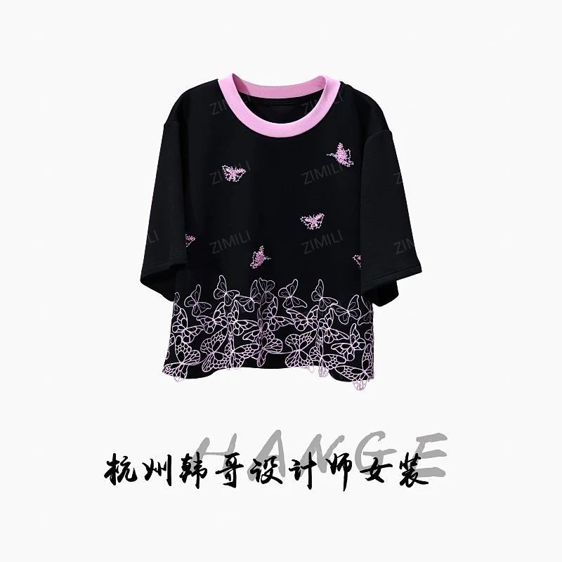 【韩哥女装】2025欧版《缀裳》暗夜黑重工蝴蝶刺绣气质短袖8866