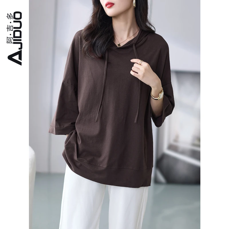 阿吉多落肩袖纯色大码宽松显瘦帽衫减龄通勤休闲上衣胖mm遮肚t恤