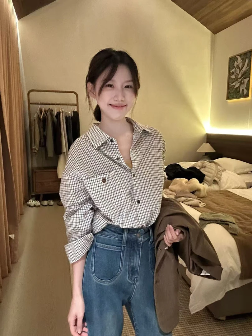 Peach自制 ‘秋天的颜色’ 复古设计感小众格纹衬衫 10667