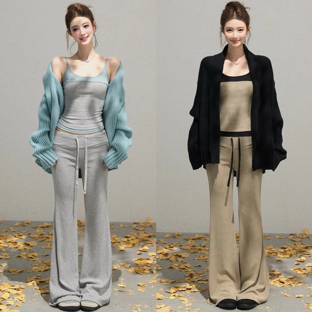 纯欲辣妹撞色拼接针织吊带背心+新款修身显瘦直筒裤套装Z 9369#