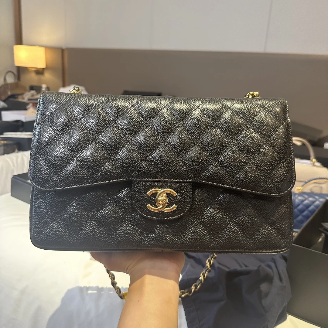 99新 Chanel/香奈儿 Chanel jumbo大号光面黑金时尚百搭包/JM0065