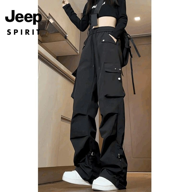 吉普JEEP SPIRIT黑色多口袋工装裤美式机能宽松直筒褶皱长裤