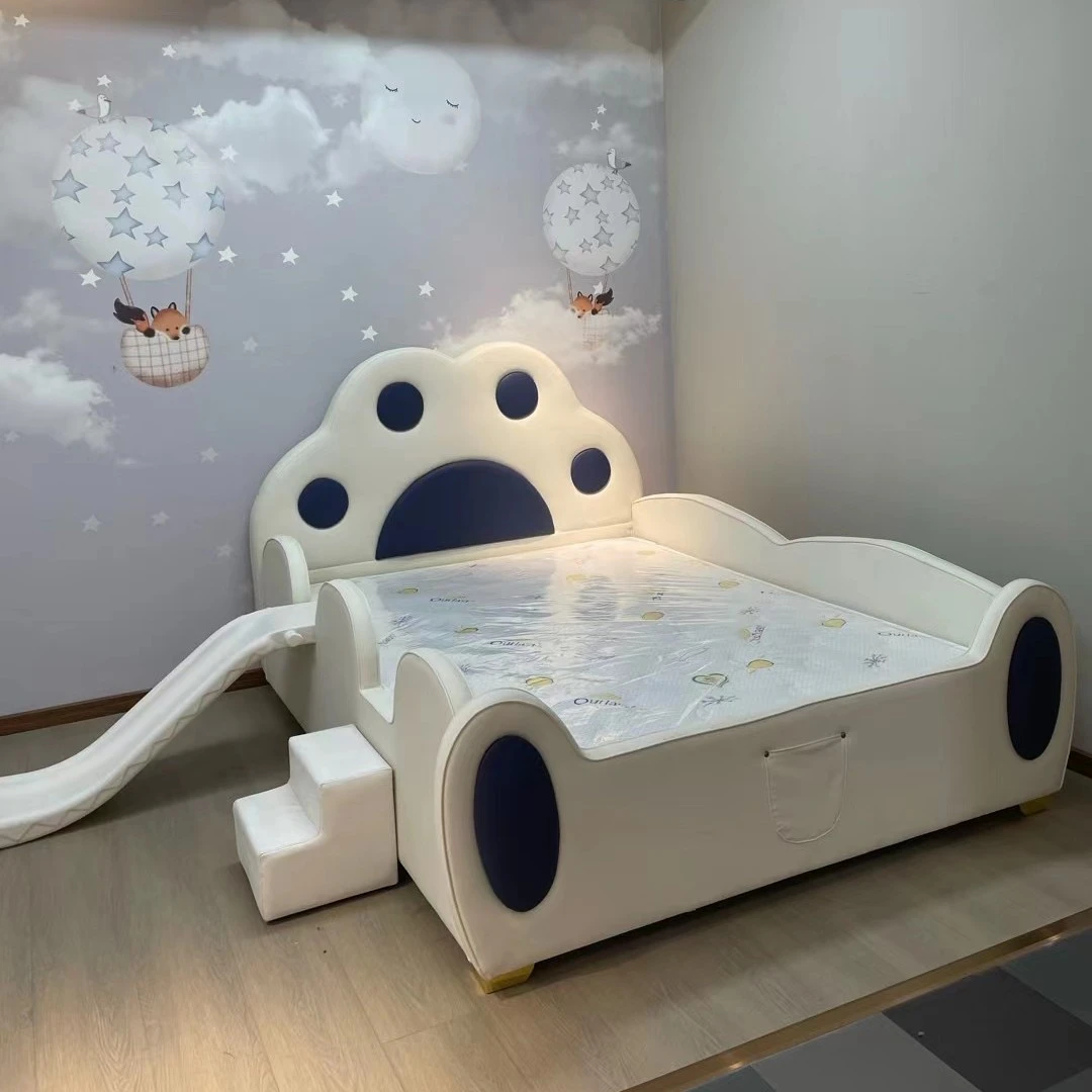 儿童床女孩公主床梦幻城堡猫爪造型靠背女童女生床滑梯护栏实木床