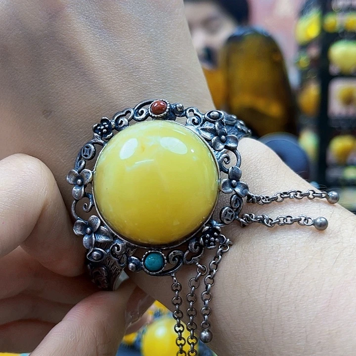 蜜蜡银S925镶嵌裸石手镯