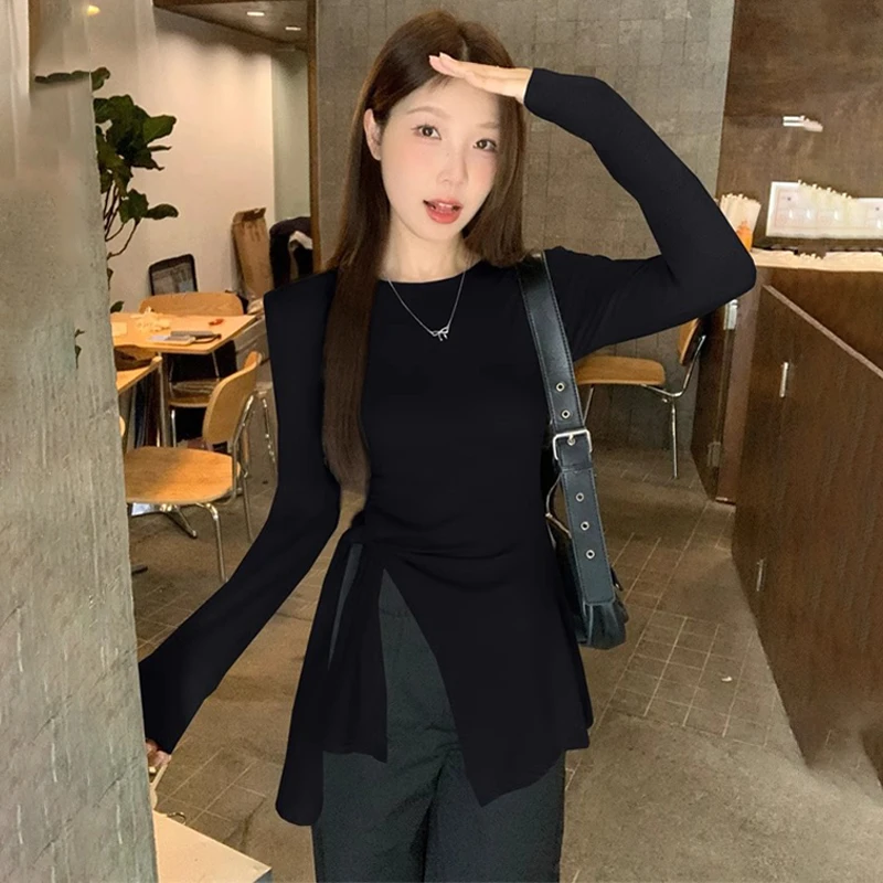 不规则侧开叉绑带正肩长袖T恤女新款小众修身显瘦上衣潮气质