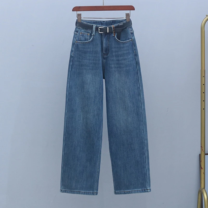 冬季加绒加厚窄版直筒裤2025年新款高腰弹力牛仔裤显瘦潮流阔腿裤