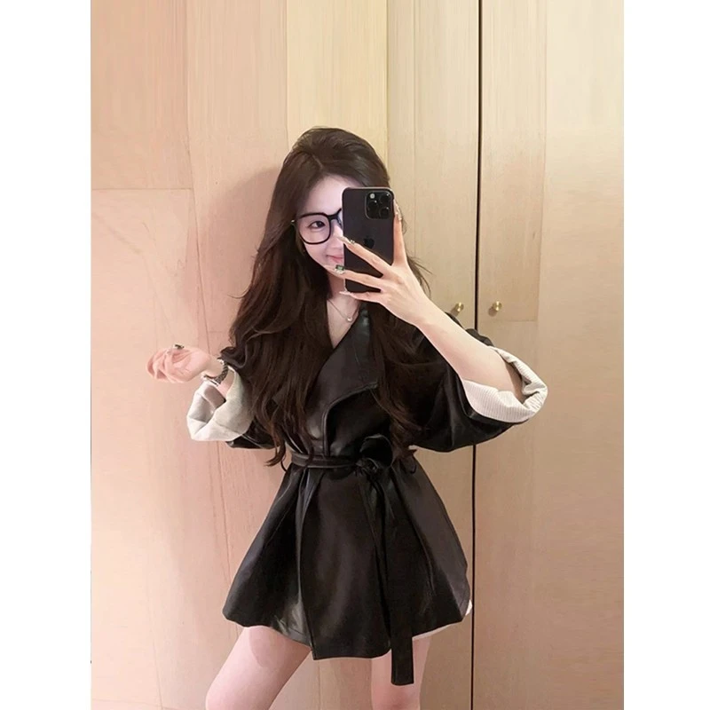 韩版加绒加厚西装皮衣外套女秋冬季长袖系带网红城市机能风皮夹克