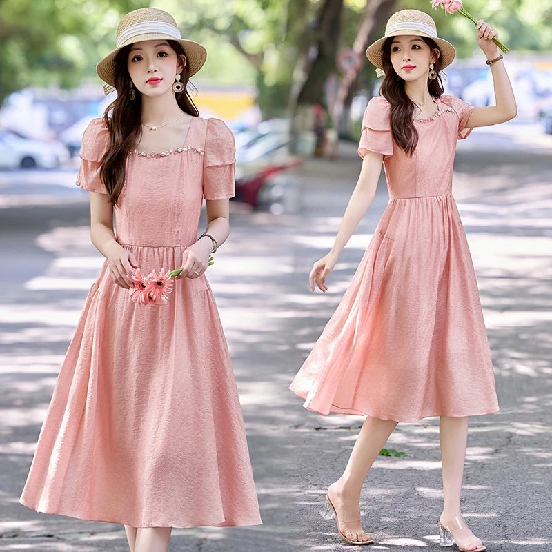 韩版洋气2025连衣裙夏季中长款套头女泡泡袖长裙气质显瘦碎花收腰