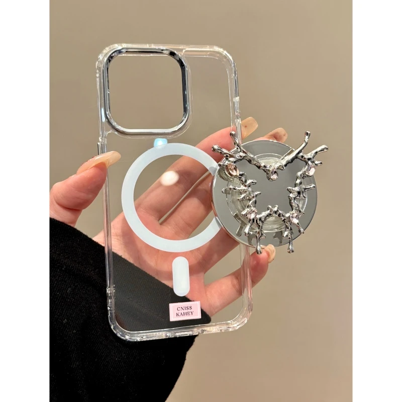 适用苹果iphone16promax镜面蝴蝶15pro磁吸14pro支架13透明手机壳