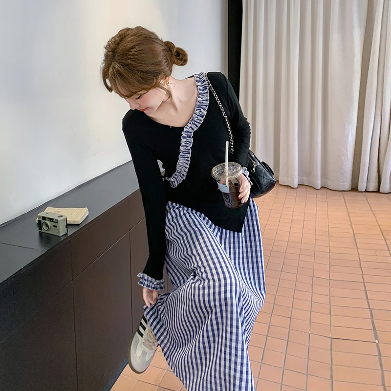 设计感小众假两件连衣裙女2025春秋新款温柔风复古格纹长款A字裙