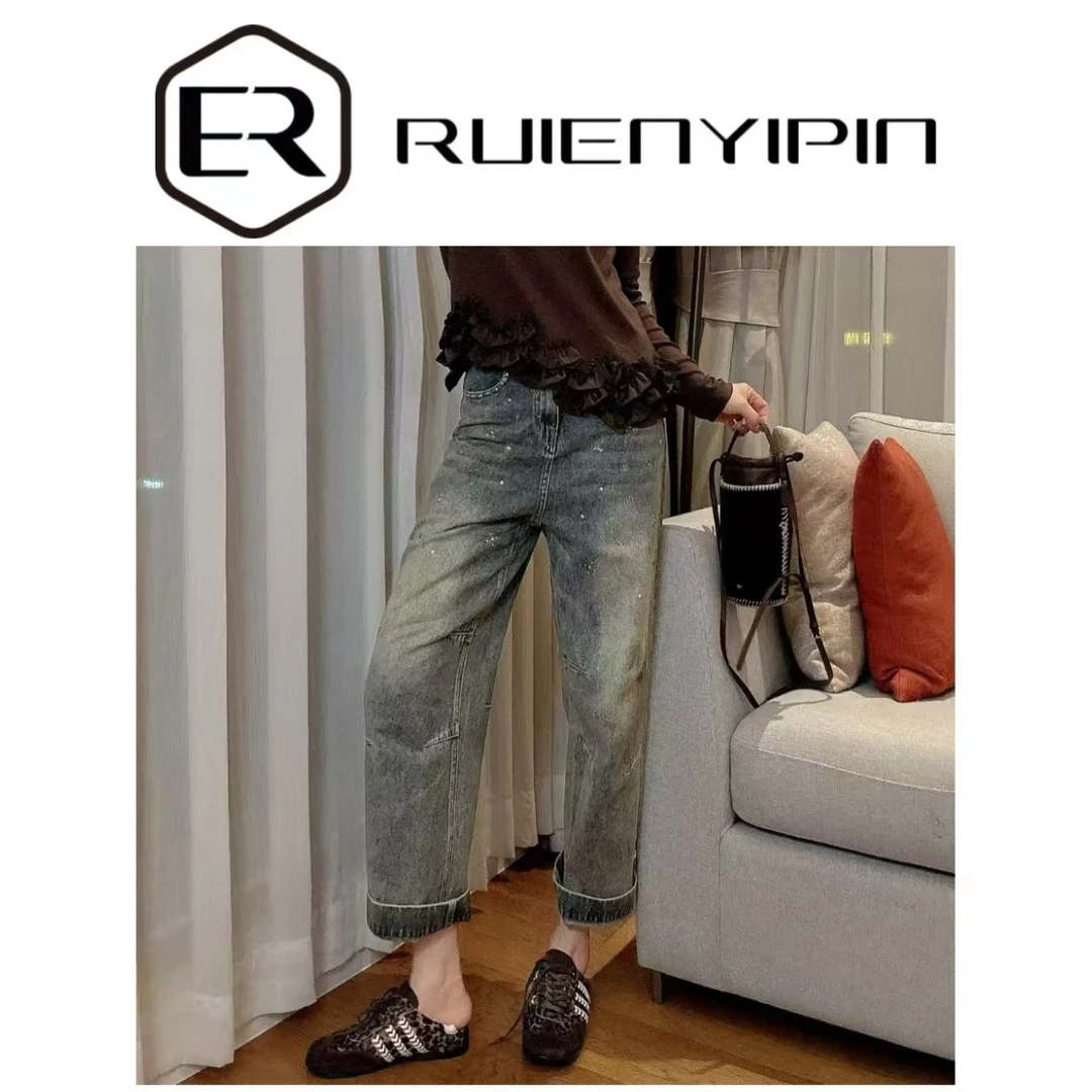 7549#【炫妈】重工烫钻侧线牛仔裤 后松紧腰设计时尚显瘦九分裤