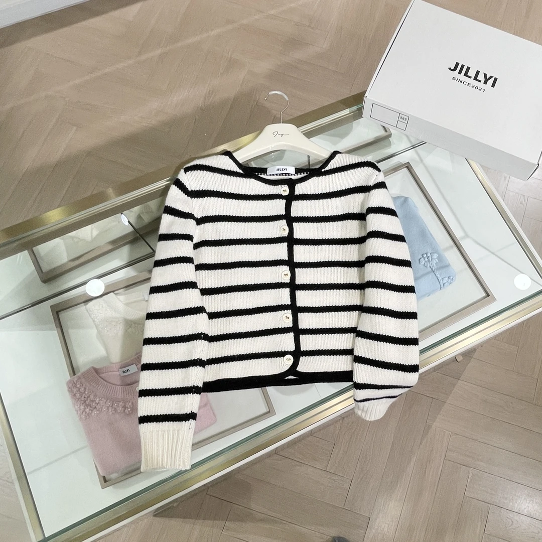 JILLYI【米兰条纹】黑白条纹圆领轻熟风秋季长袖时尚韩版开衫
