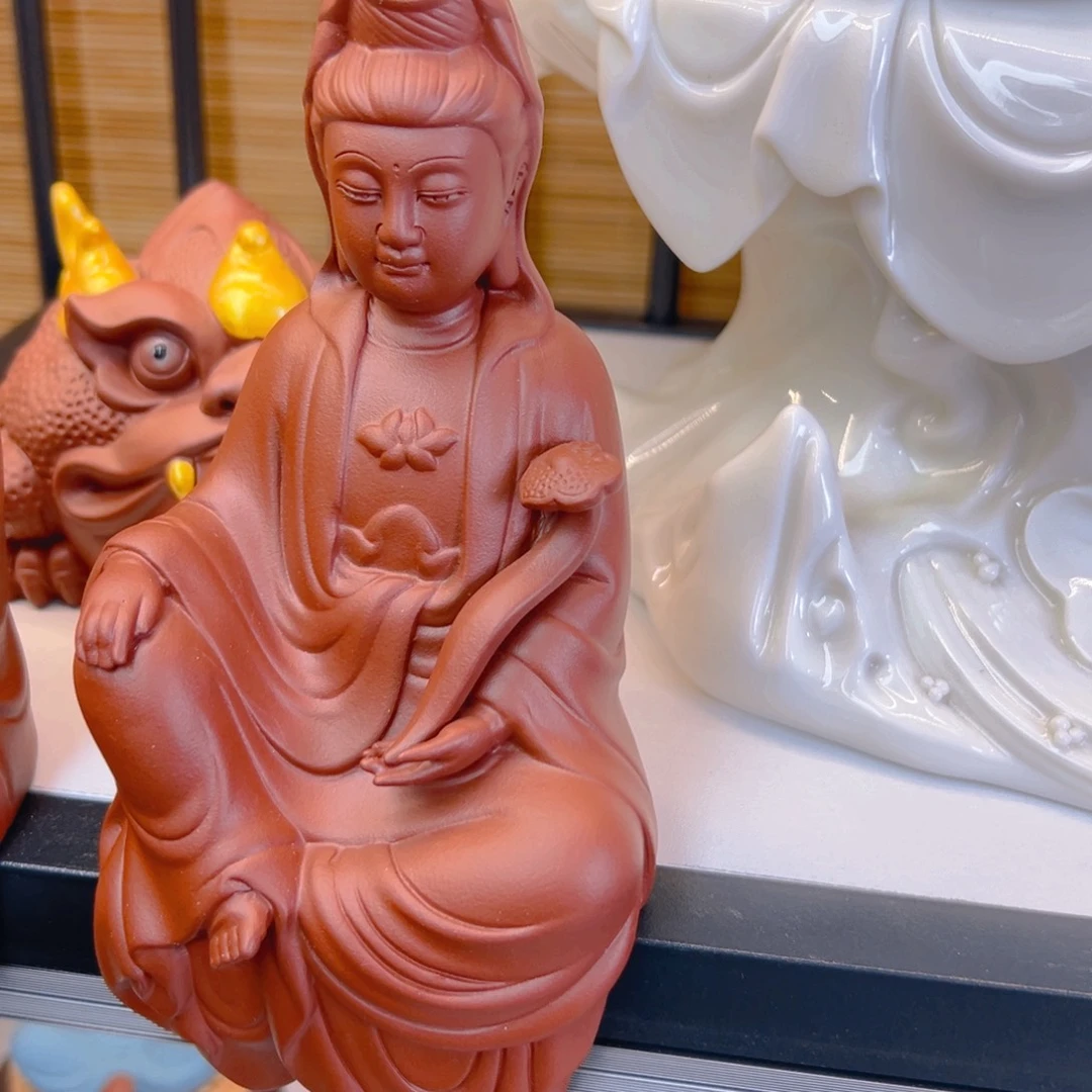 用***0紫砂茶宠朱泥坐挂式自在观音