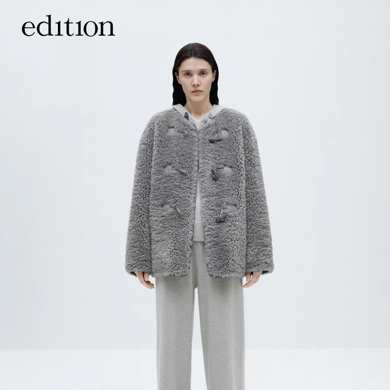 edition毛绒外套女牛角扣泰迪灰色外套#EBC4COTK03