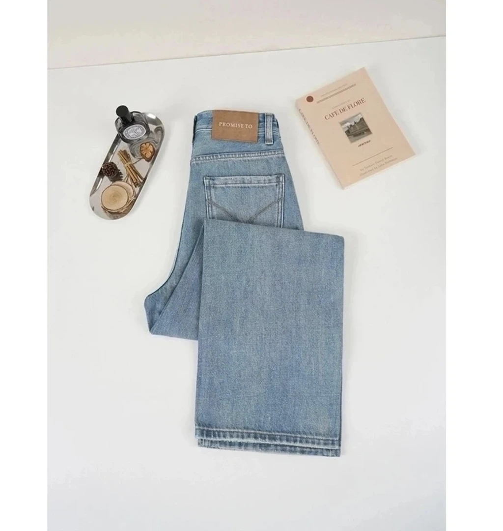 煦阳春夏款复古蓝窄版阔腿无弹高腰牛仔裤垂坠直筒