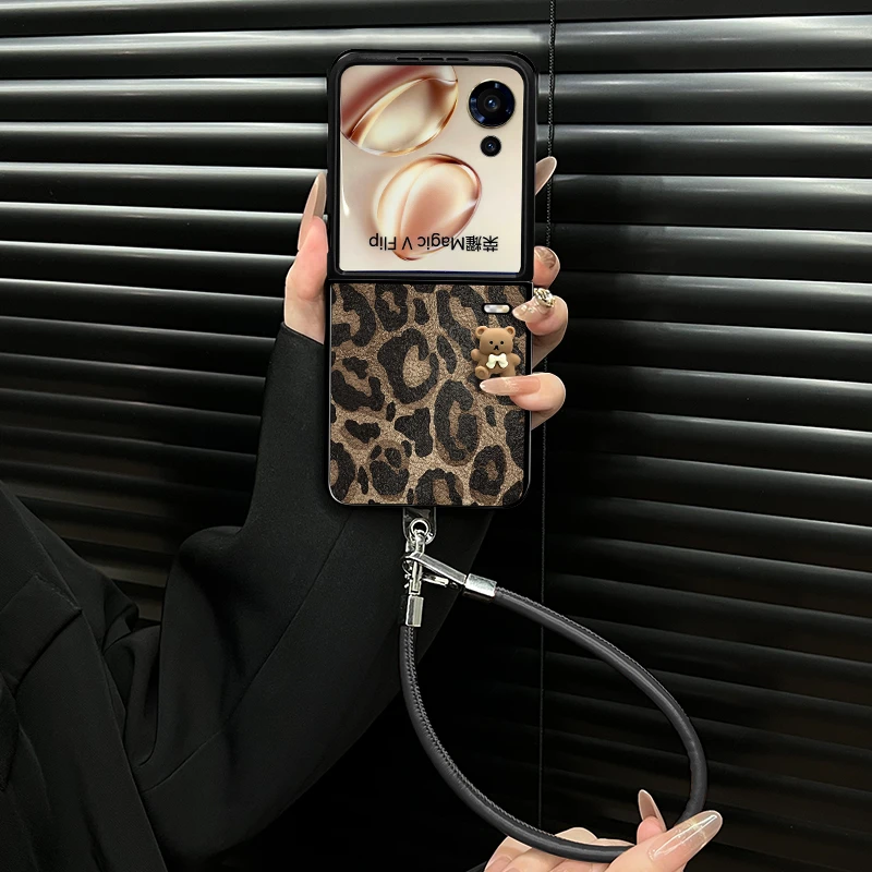 适用荣耀magicvflip手机壳豹纹小熊小羊皮折叠壳全包简约