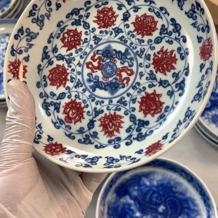 陶摆件白青花釉里红缠枝莲壶承全品