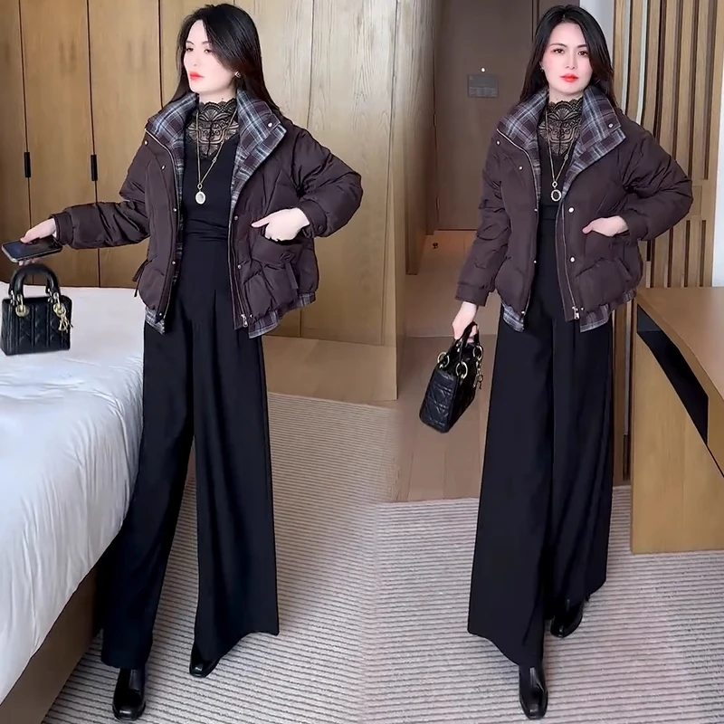 时尚短款羽绒服女2025冬季新款洋气宽松格子拼接保暖加厚外套潮