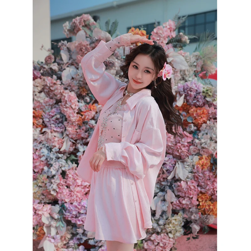 OneKoilin“粉红假日”定制进口抛光满天星烫钻衬衣➕短裤套装 FHJR