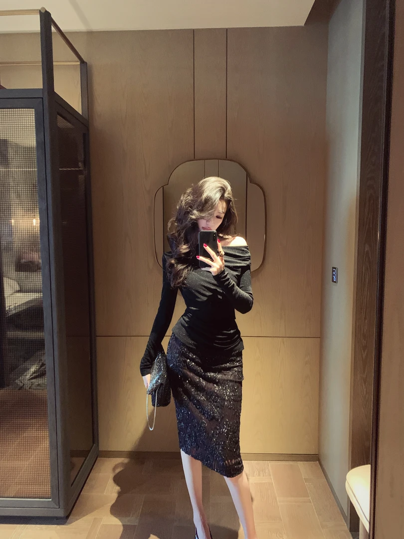 金南一法式浪漫高腰黑色亮片半身裙0104411287