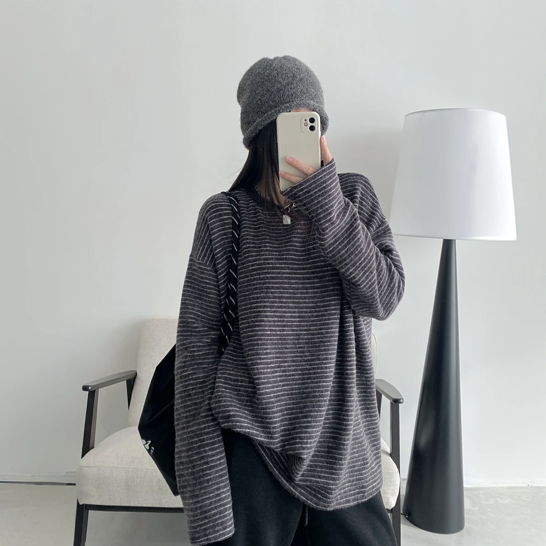 海盐奥利奥2.0加厚版本随意穿搭慵懒显瘦绒绒条纹t恤打底衫上衣