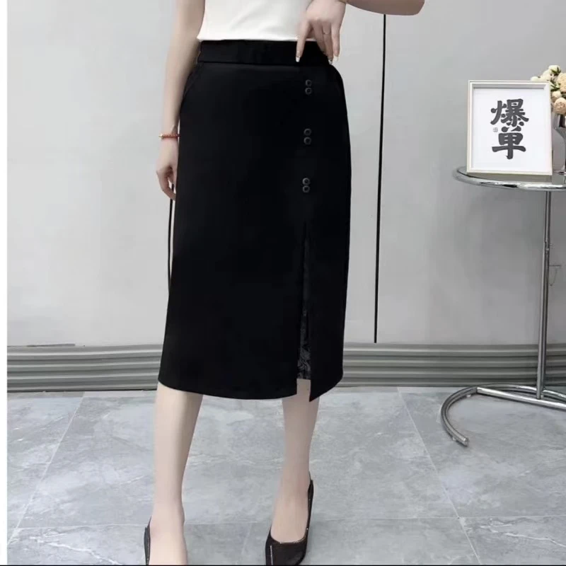 气质新款时尚开叉拼接蕾丝松紧腰显瘦双扣H型半身裙1322