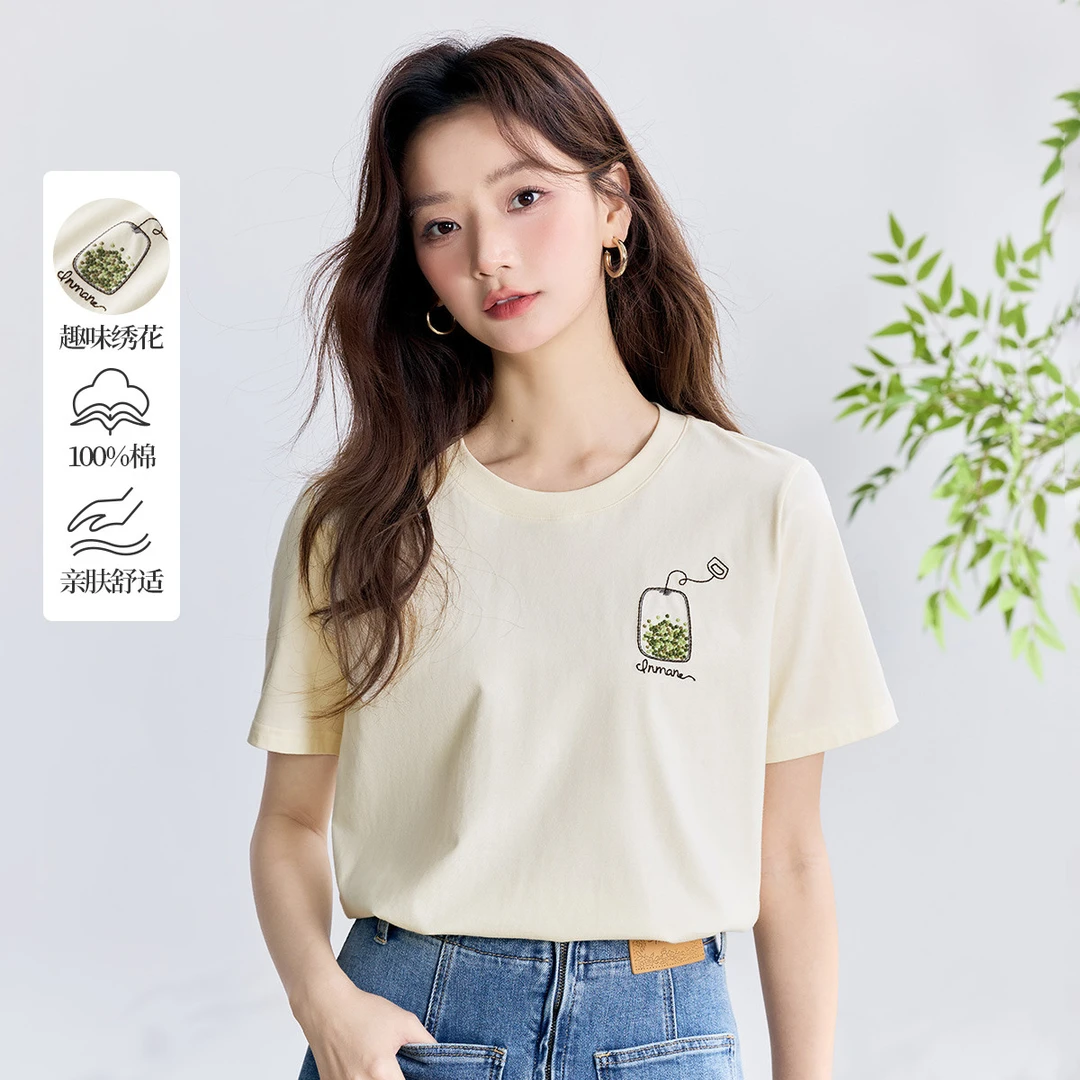 【一秒入夏】茵曼夏季全棉文艺绣花短袖T恤田园舒适百搭休闲上衣