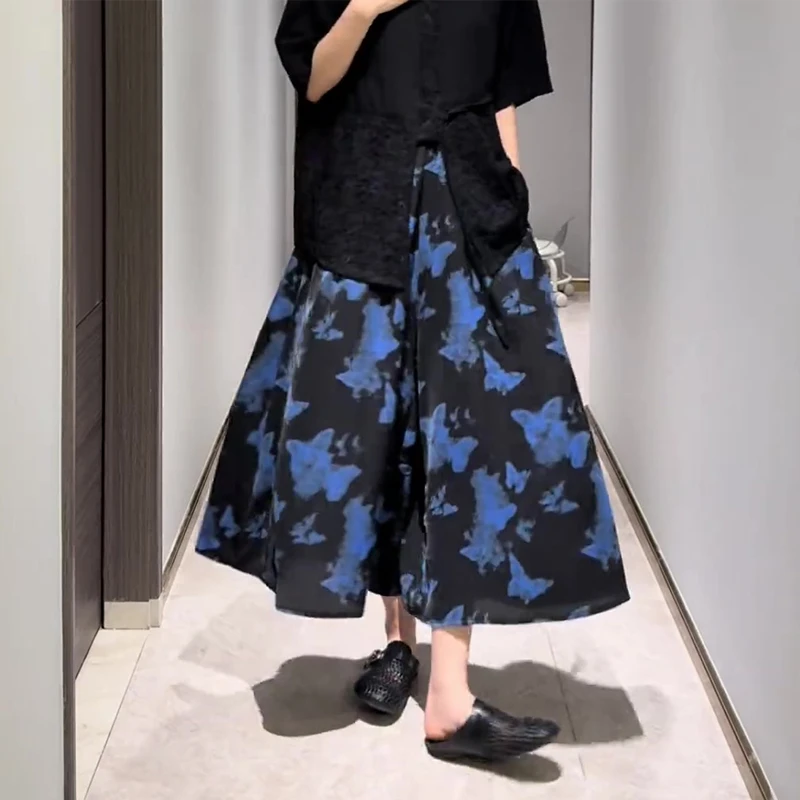 蓝色蝴蝶印花阔腿裤裙女夏薄款2025新款大码胖显瘦宽松休闲裙裤